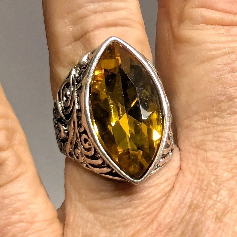SilverTone Marquise Faceted Yellow Citrine November Statement Ring Plus‎ Size 11